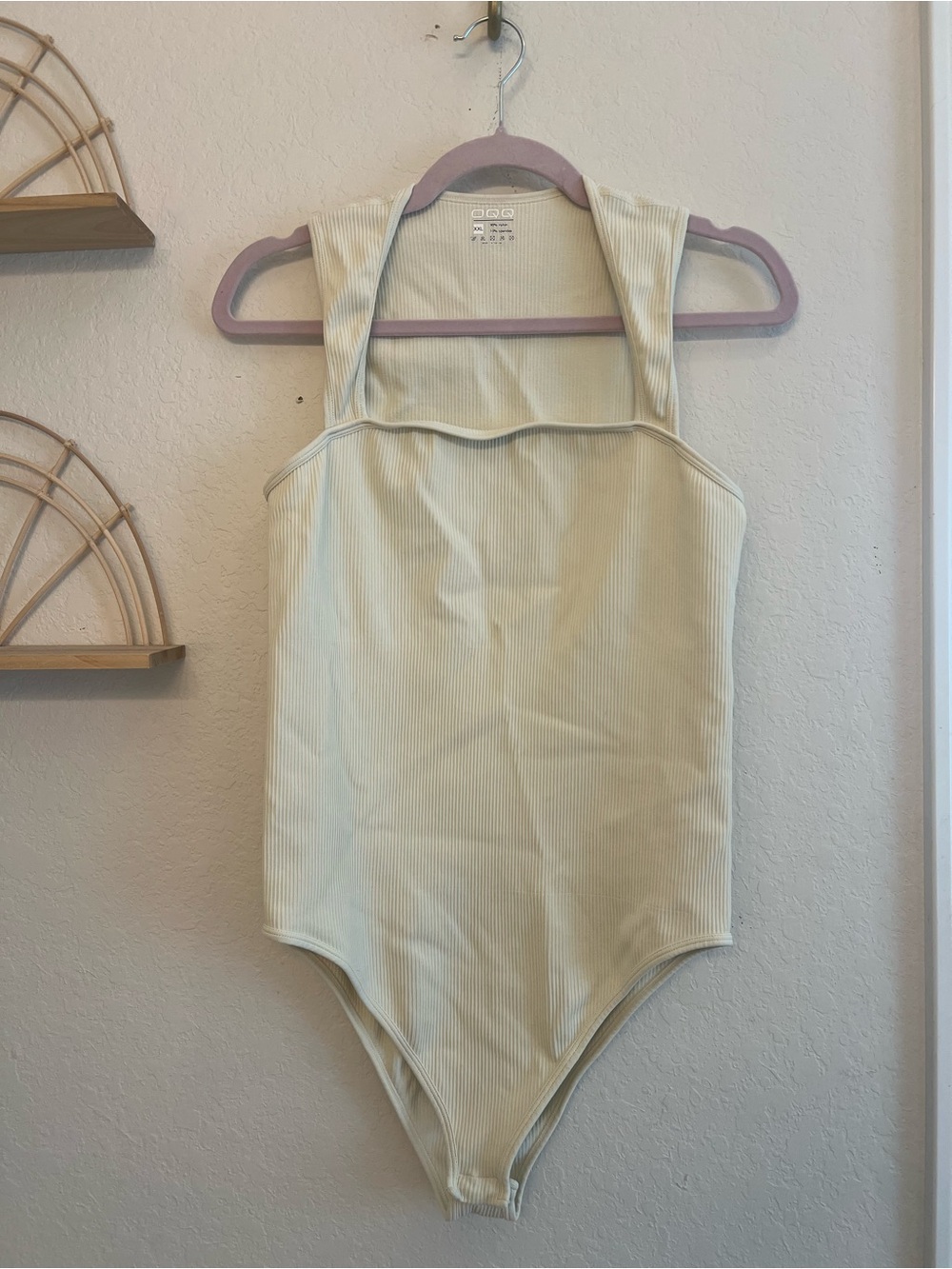 OQQ Cream Ribbed Square Neck Bodysuit XXL Stretch Tank Ivory